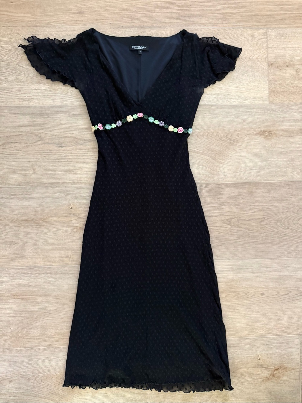 Vintage Betsey Johnson floral slip dress Coquette Fairycore Black Swiss Dot PS